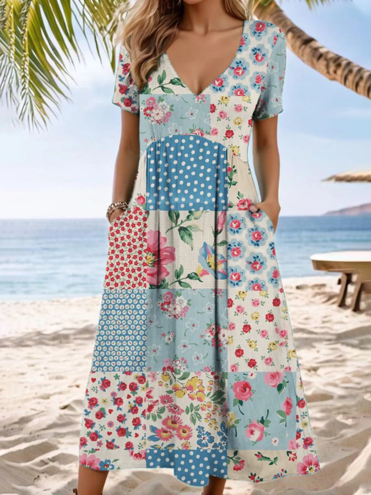Full Size Floral V-Neck Casual Midi Dress Plus Size
