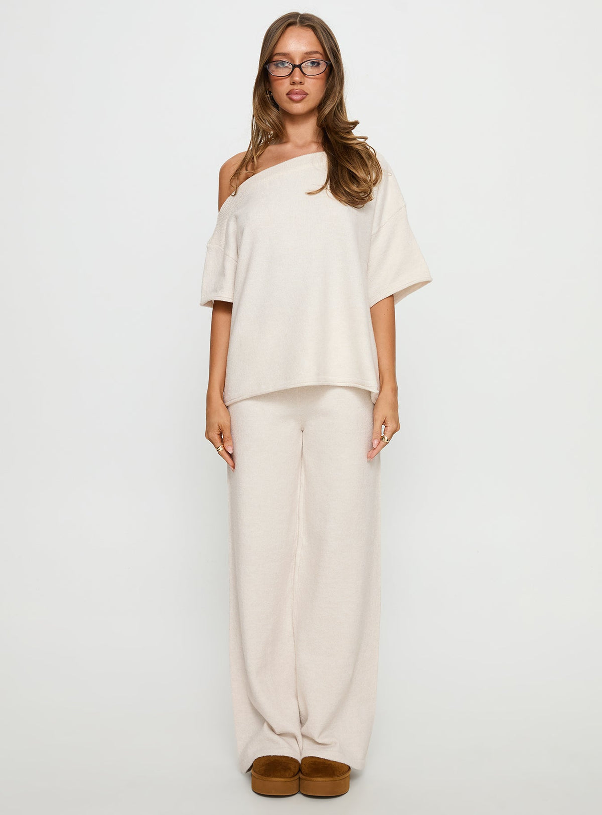 Bekki Wide Leg Knit Trousers Oat