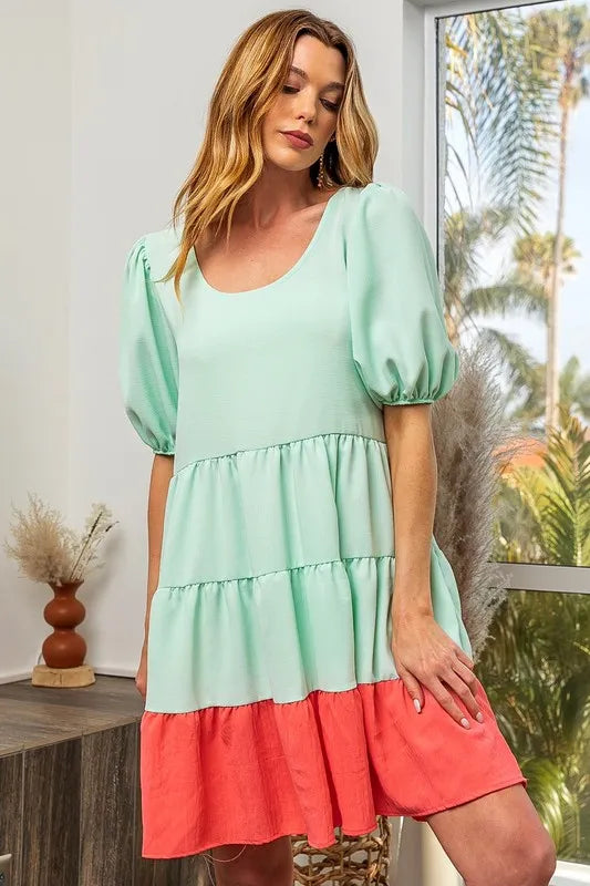 BiBi Two-Tone Balloon Sleeves U Neck Tiered Ruffle Hem Mini Dress