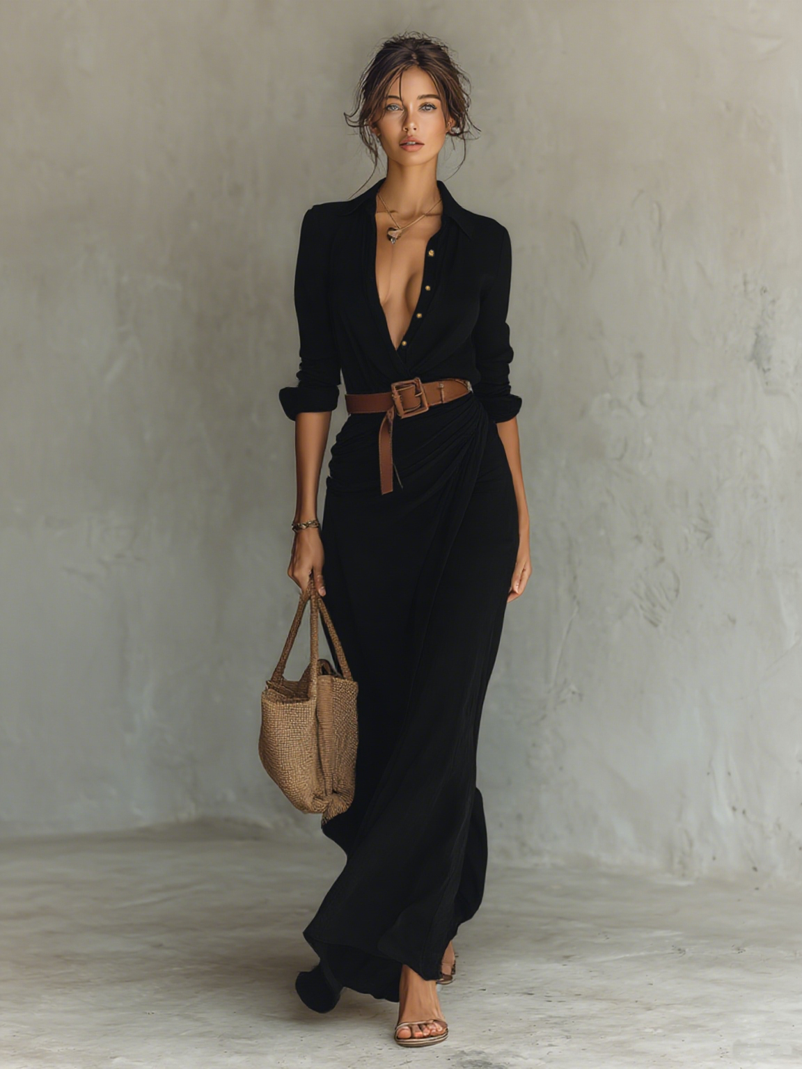 Maxi Long Dress with Notched Collar for Women, Long Sleeves, One-Button Closure