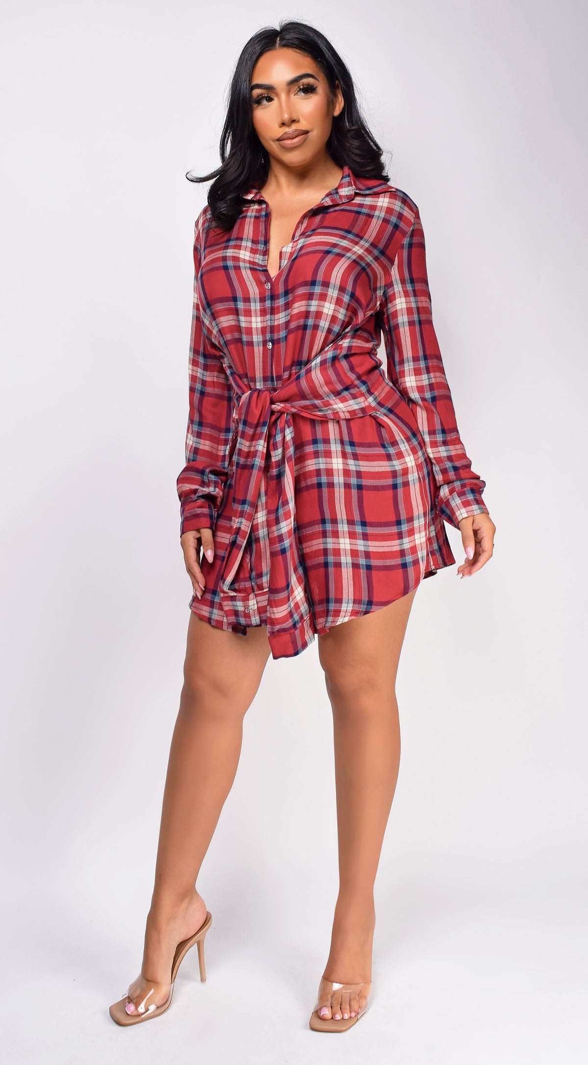Saylor Red Button Up Plaid Shirt Dress
