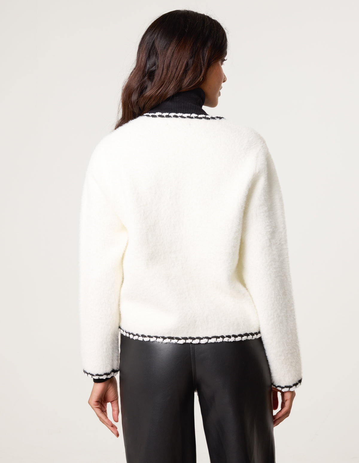 Fluffy Knit Contrast Trim Button Front Cardigan
