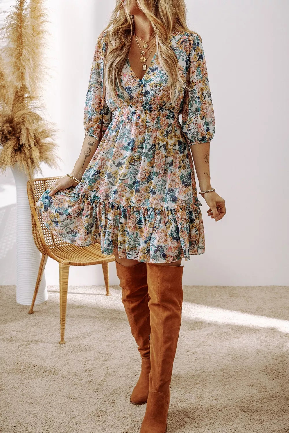Floral Print Ruffle Hem Mini Dress
