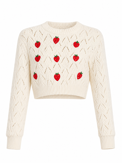 Embroidered Strawberry Cropped Pointelle Sweater