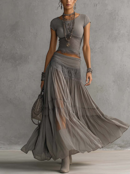 Alba - Complete with gray lace panel top and long pleated skirt