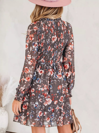 Frilly Smocked Bodice Floral Mesh Long Sleeve Mini Dress