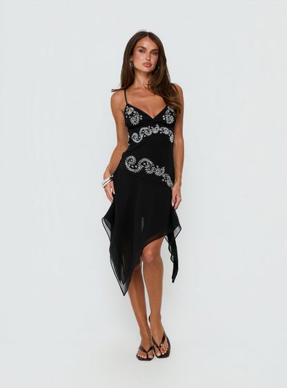 Pappilion Asymmetrical Midi Dress Black