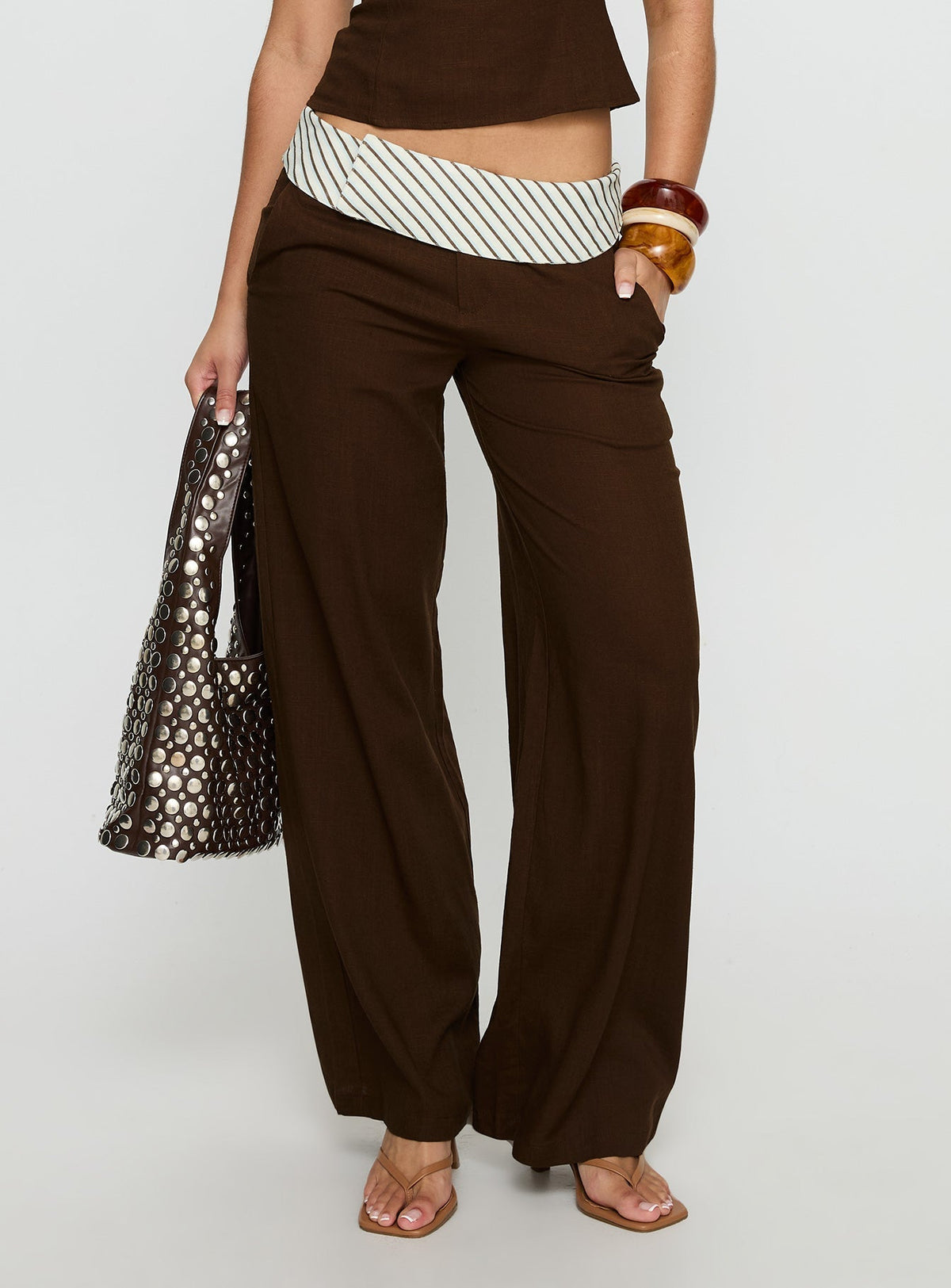 Past Life Fold Over Waistband Trousers Brown / Stripe