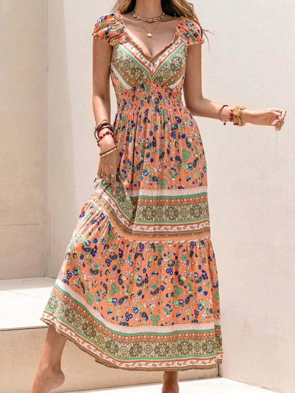 Smocked Printed V-Neck Cap Sleeve Dress