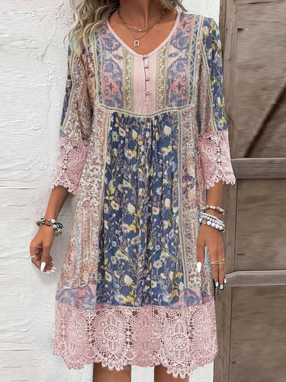 Full Size Floral Lace Trim V-Neck Dress Plus Size