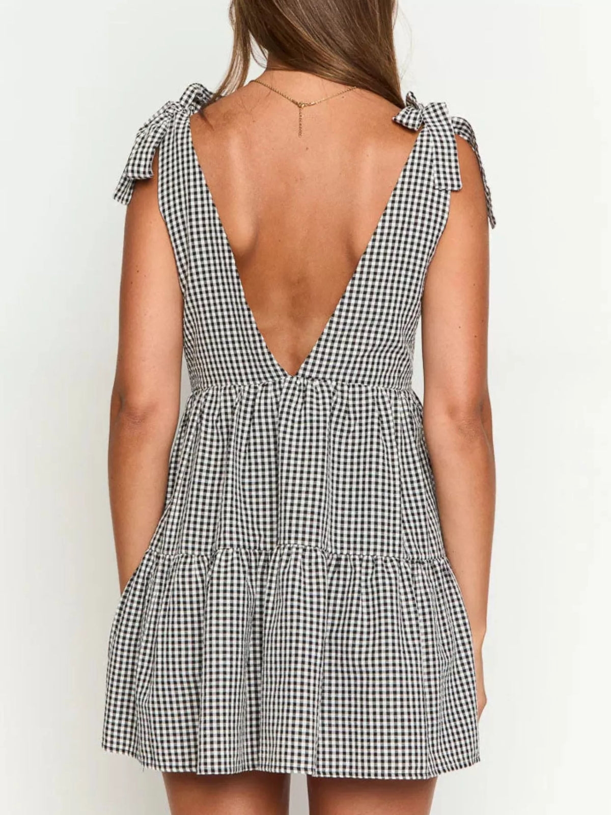 Gingham Tie-Shoulder Mini Dress