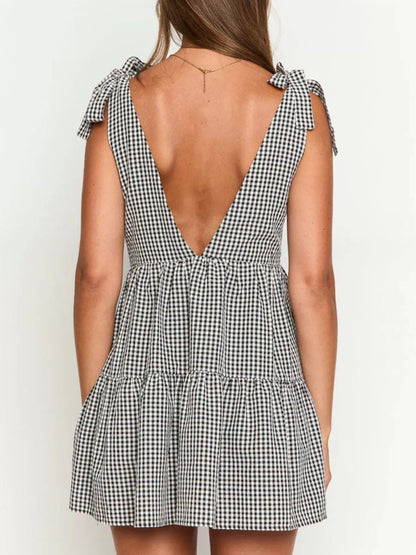Gingham Tie-Shoulder Mini Dress