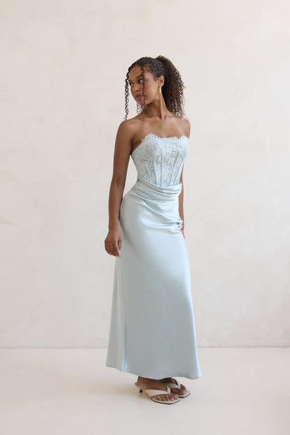 Away With You Satin Lace Strapless Maxi Dress Blue
