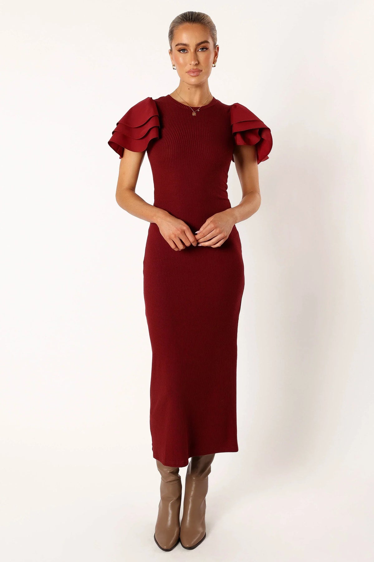 Cally Ruffle Sleeve Midi Dress - Wine