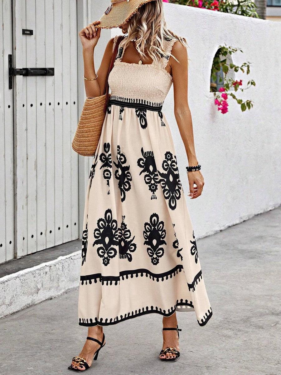 Valentina |Chic Square Neck Sleeveless Printed Beach Dress