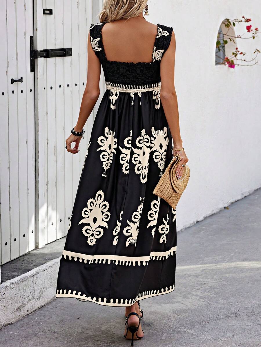 Valentina |Chic Square Neck Sleeveless Printed Beach Dress