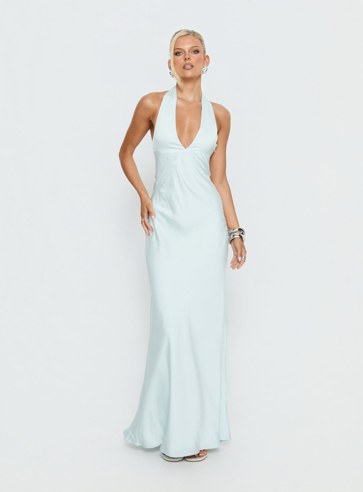 Strawberry Clouds Hotstone Satin Maxi Dress Icy Blue