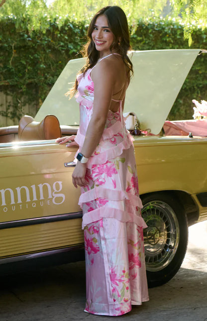 Inara Pink Floral Print Ruffle Prom Dress