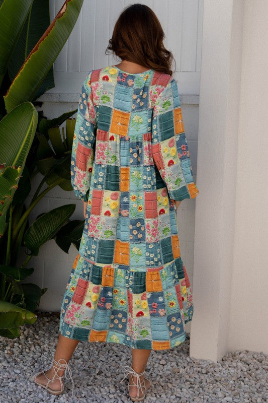 Floral Patchwork Long Sleeve Ruffle Hem Midi Dress