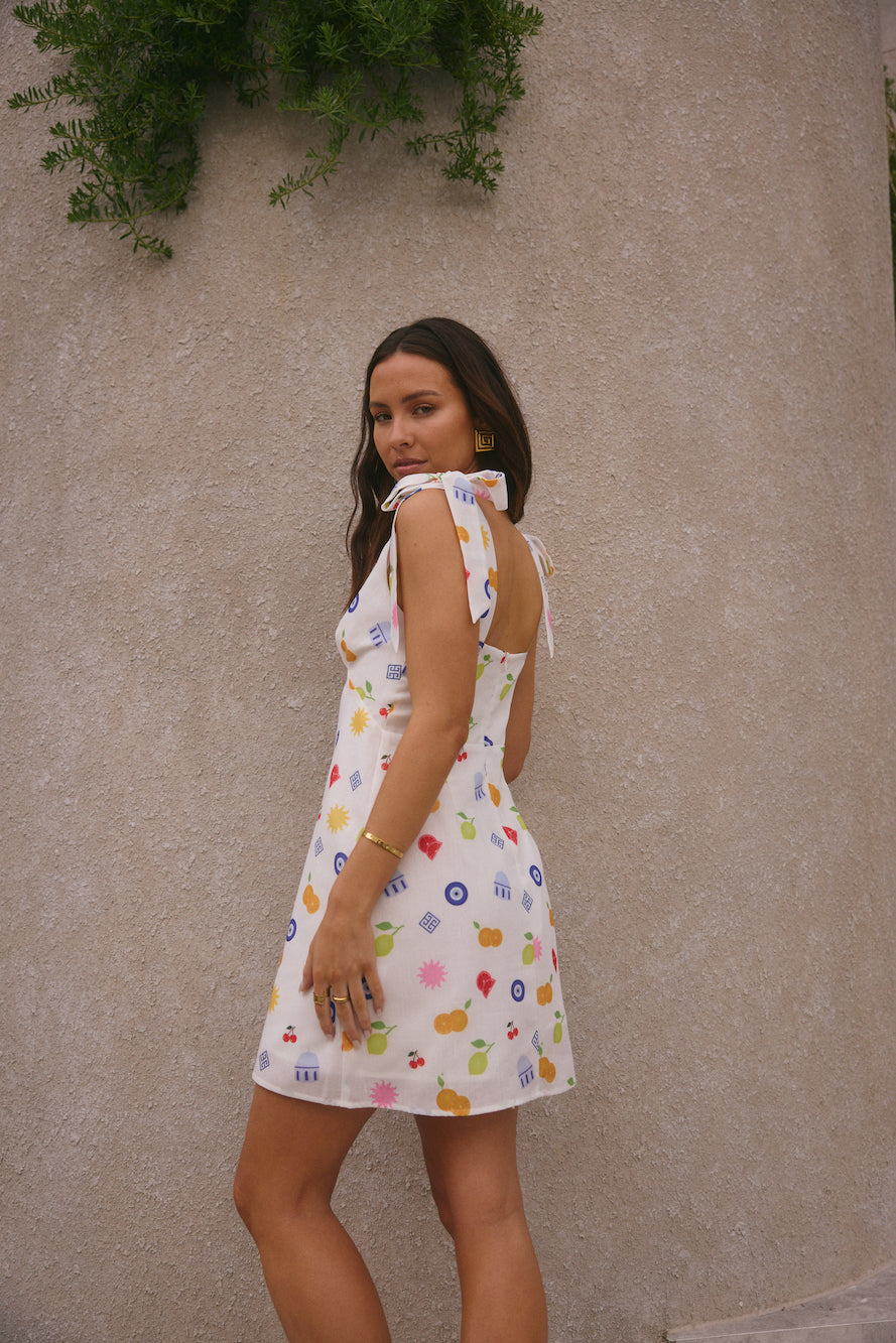 FORTUNATE ONE On Vacay Mini Dress Santorini Print