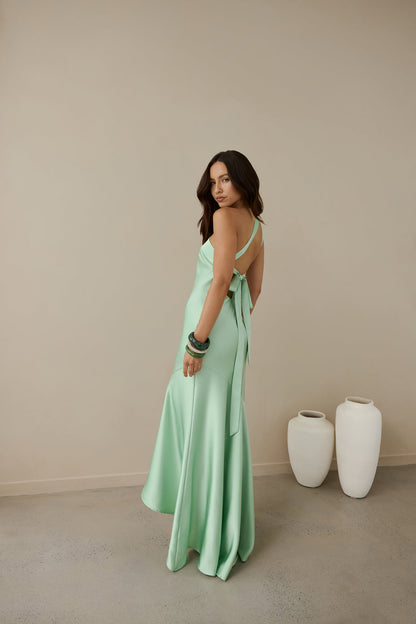Champagne Chat One Shoulder Maxi Dress Green