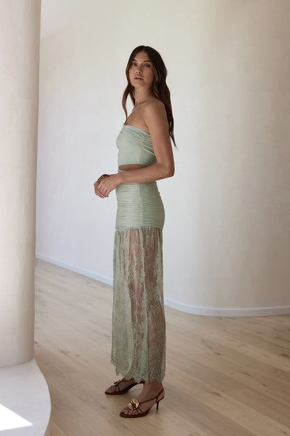 Blossoming Hearts Off Shoulder Lace Maxi Dress Sage