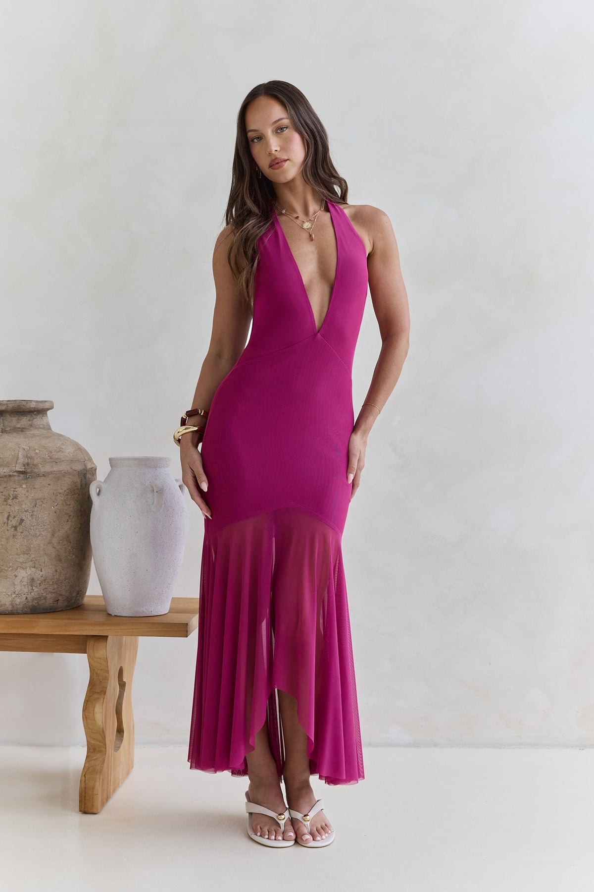 No Reason Mesh Halter Maxi Dress Plum