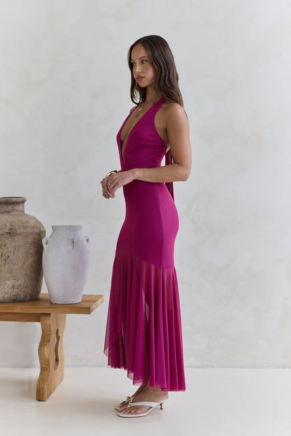 No Reason Mesh Halter Maxi Dress Plum