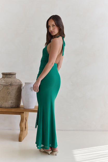 Dive In Mesh Halter Maxi Dress Green