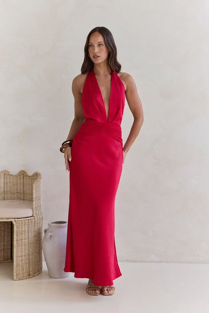 Got A Feeling Halter Satin Maxi Dress Red