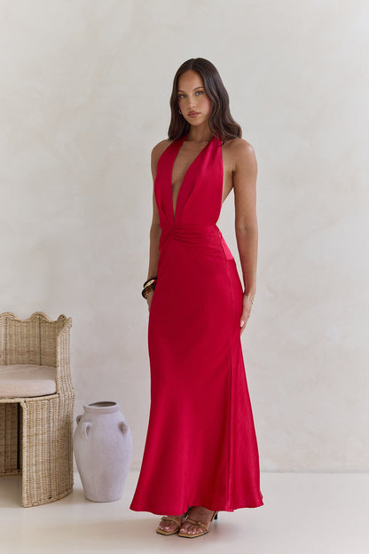 Got A Feeling Halter Satin Maxi Dress Red