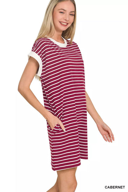 Zenana Contrast Trim Striped T-shirts Dress
