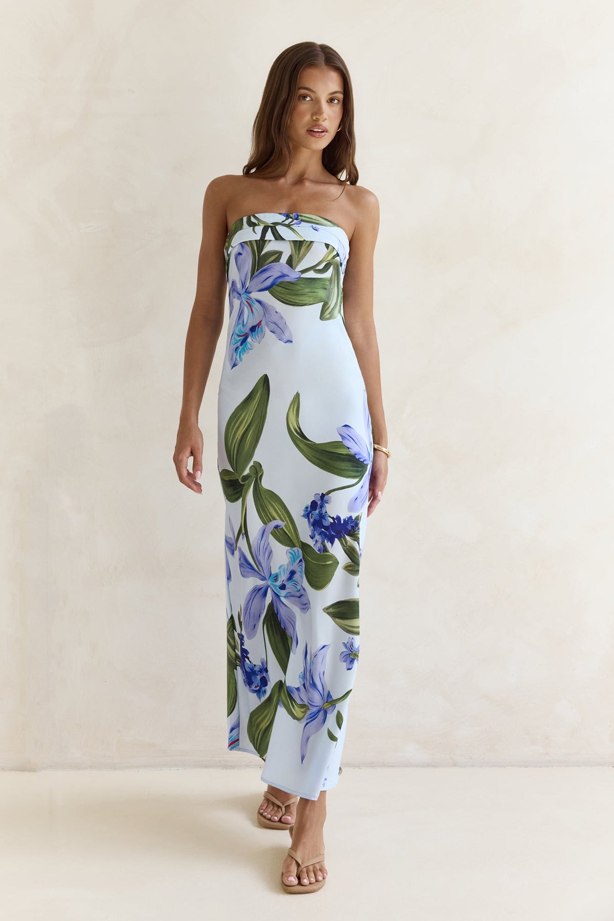 Bells Of Spring Satin Strapless Maxi Dress Blue