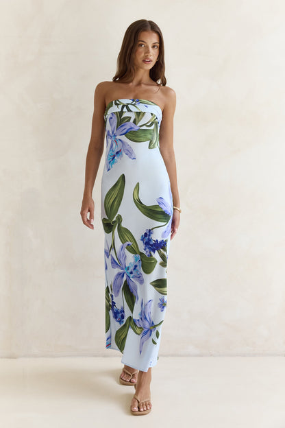 Bells Of Spring Satin Strapless Maxi Dress Blue