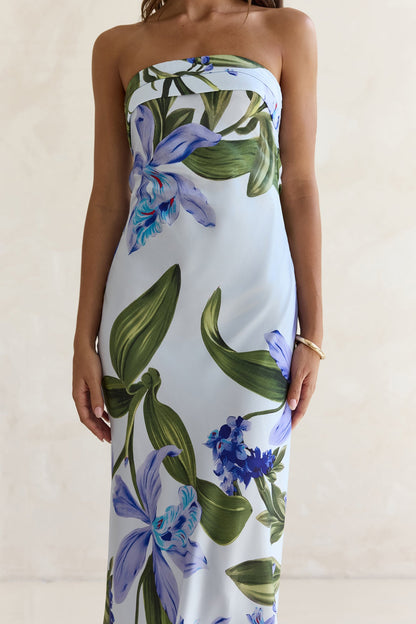 Bells Of Spring Satin Strapless Maxi Dress Blue