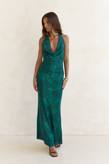 Tangled Vines Mesh Halter Maxi Dress Green