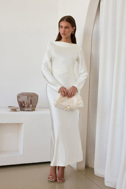 Cross The Skies Satin Long Sleeve Maxi Dress White