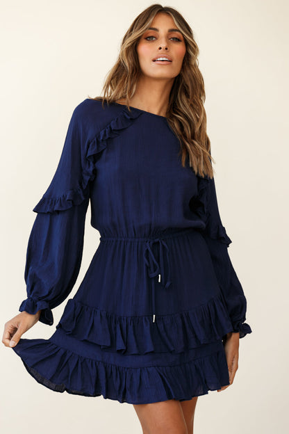 Best Wishes Long Sleeve Frill Detail Dress Navy