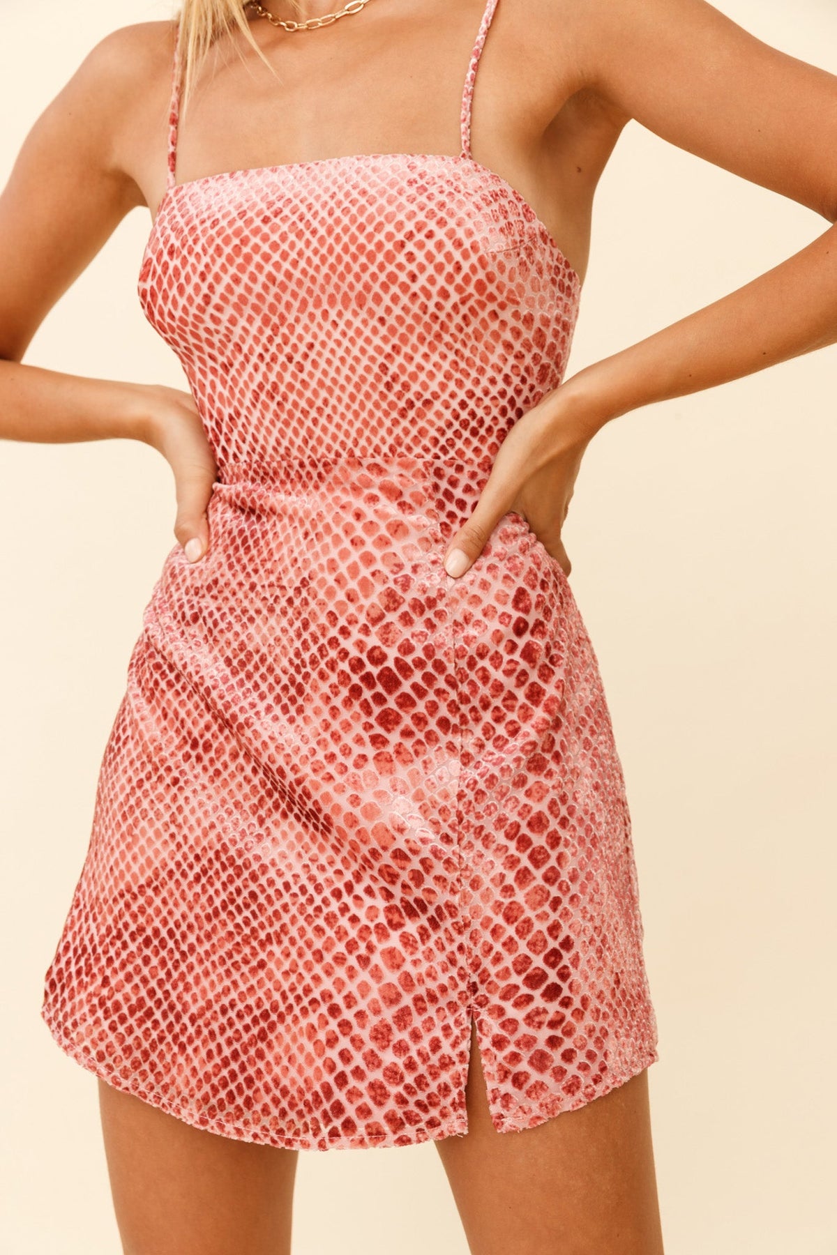 Atlanta Square Neckline Velour Dress Snakeskin Print Rust