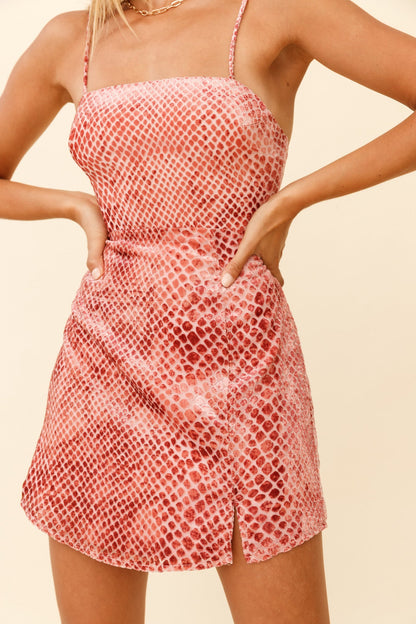 Atlanta Square Neckline Velour Dress Snakeskin Print Rust