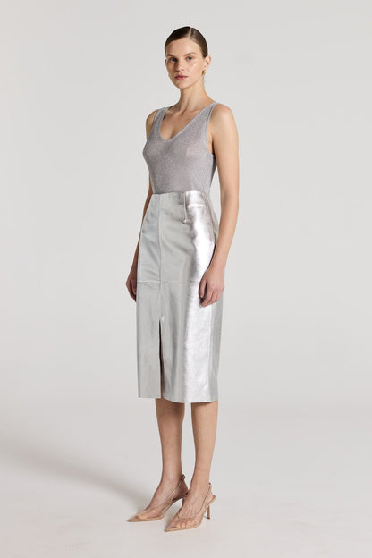 Silver Leather Skirt - Silver