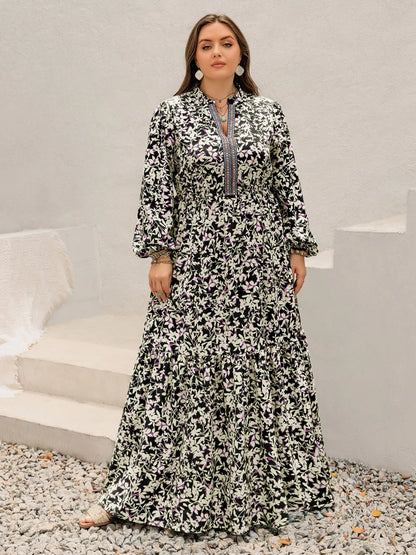 Plus Size Floral Print Long Sleeve Tiered Maxi Dress