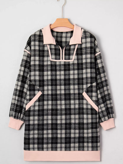 Plaid Polo Collar Zip up Contrast Trim Shift Long Sleeve Mini Dress