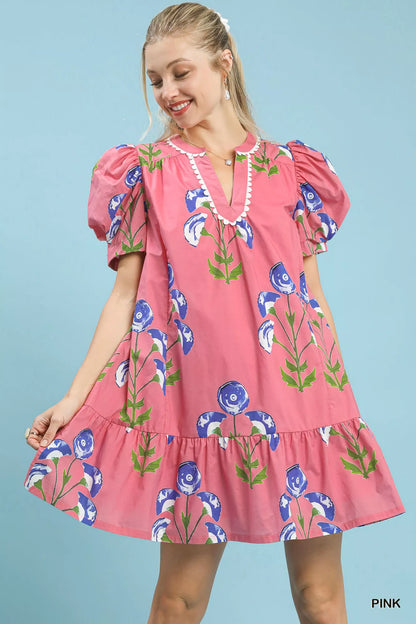 Umgee Floral Print Puff Sleeve Mini Dress with Scallop Trim