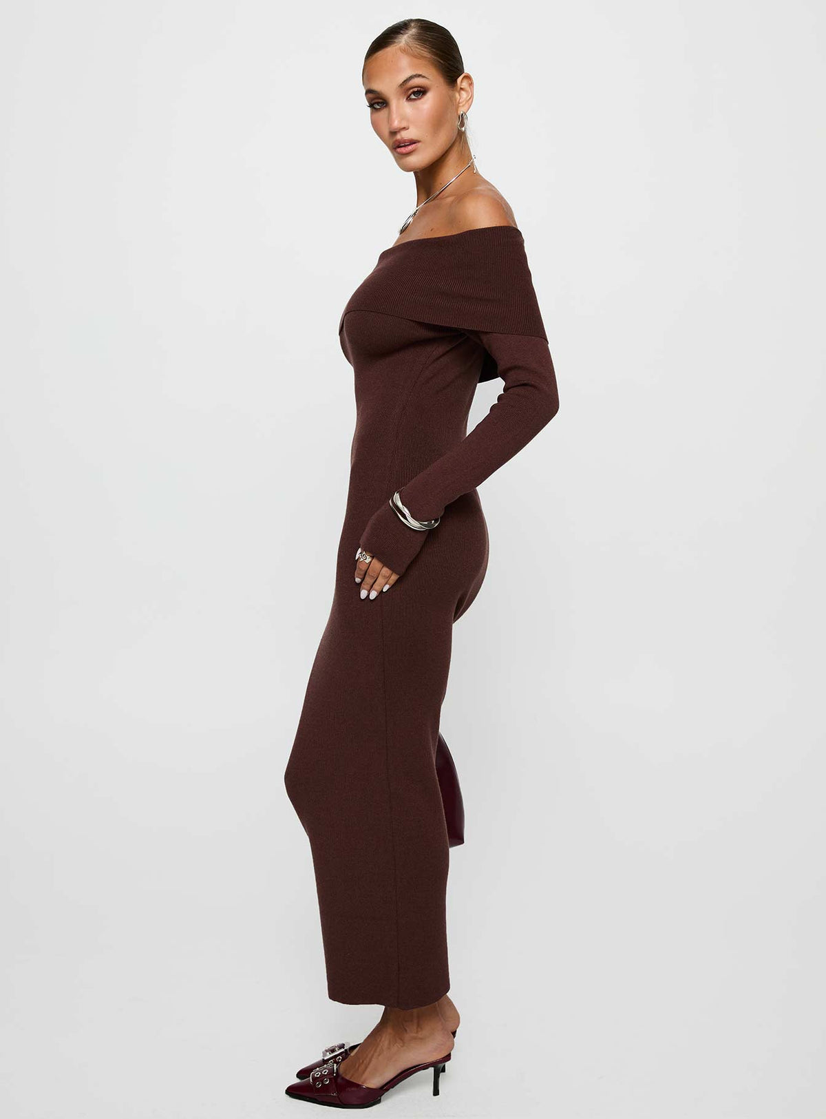 Celestara Long Sleeve Off Shoulder Maxi Dress Chocolate