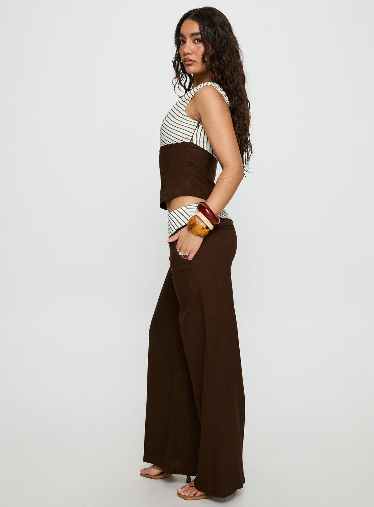 Past Life Fold Over Waistband Trousers Brown / Stripe