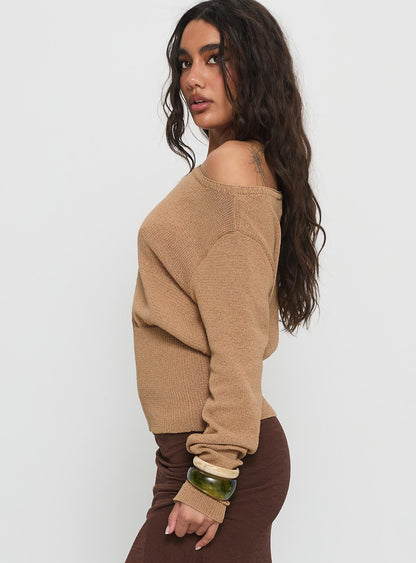 Xaria Off Shoulder Knit Jumper Tan