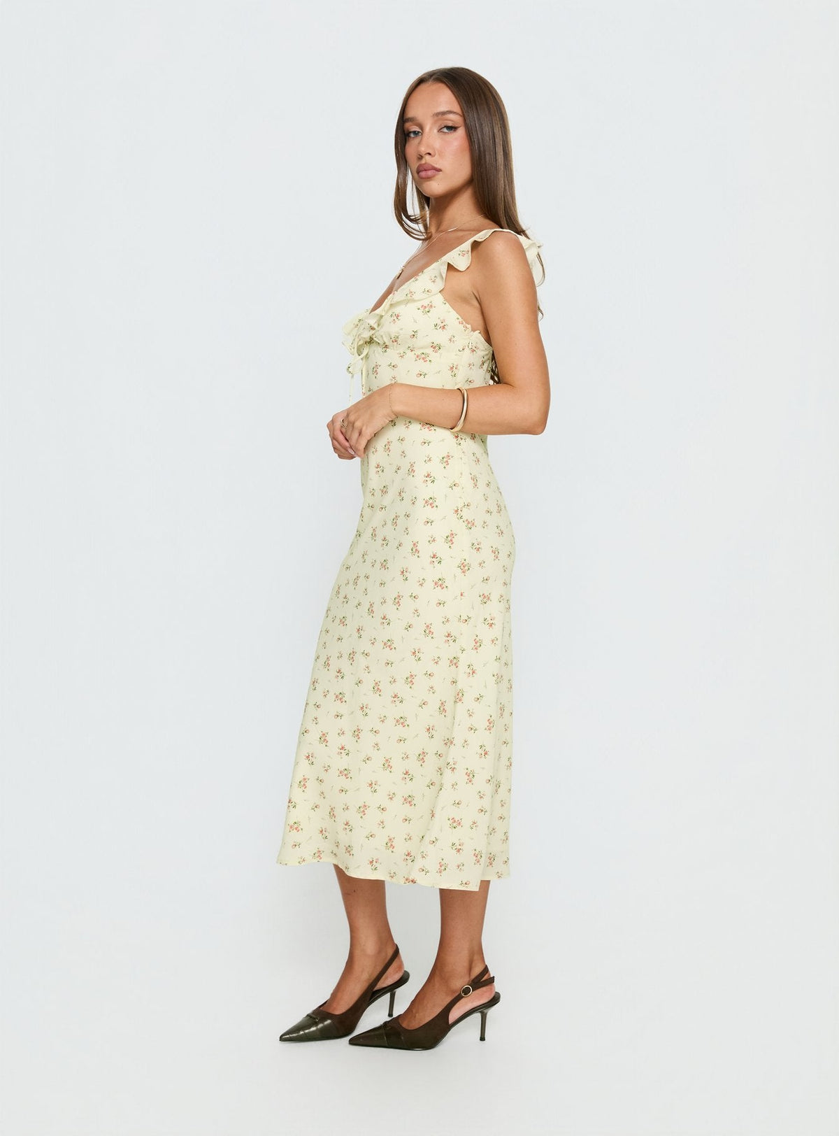 Leabelle Frill V Neck Maxi Dress Yellow Floral