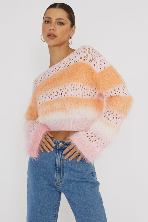 Borealis Fur Trim Knit Sweater Pink