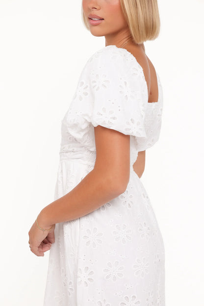 Clo Puff Sleeve Midi Dress - White Broderie